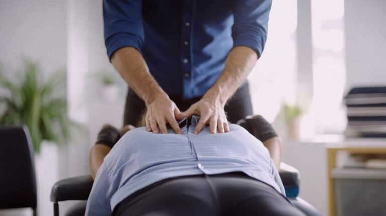 Person performing gentle knee exercises beside a chair in a bright home setting.